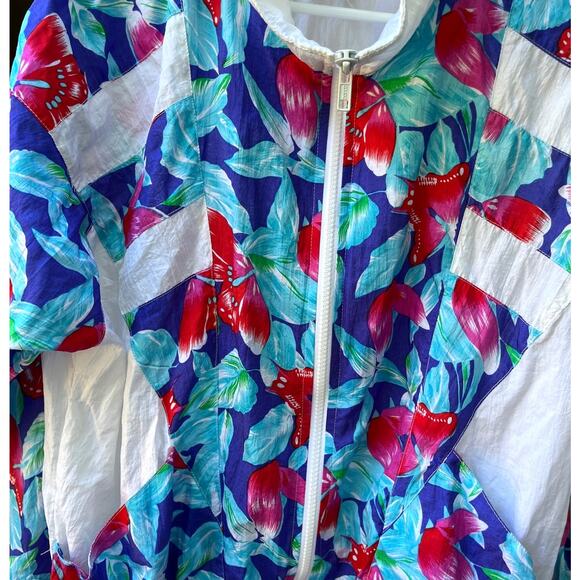 VTG 80s Nylon Track Jacket Women's Medium White Parachute Full Zip Bright Floral - Picture 4 of 5